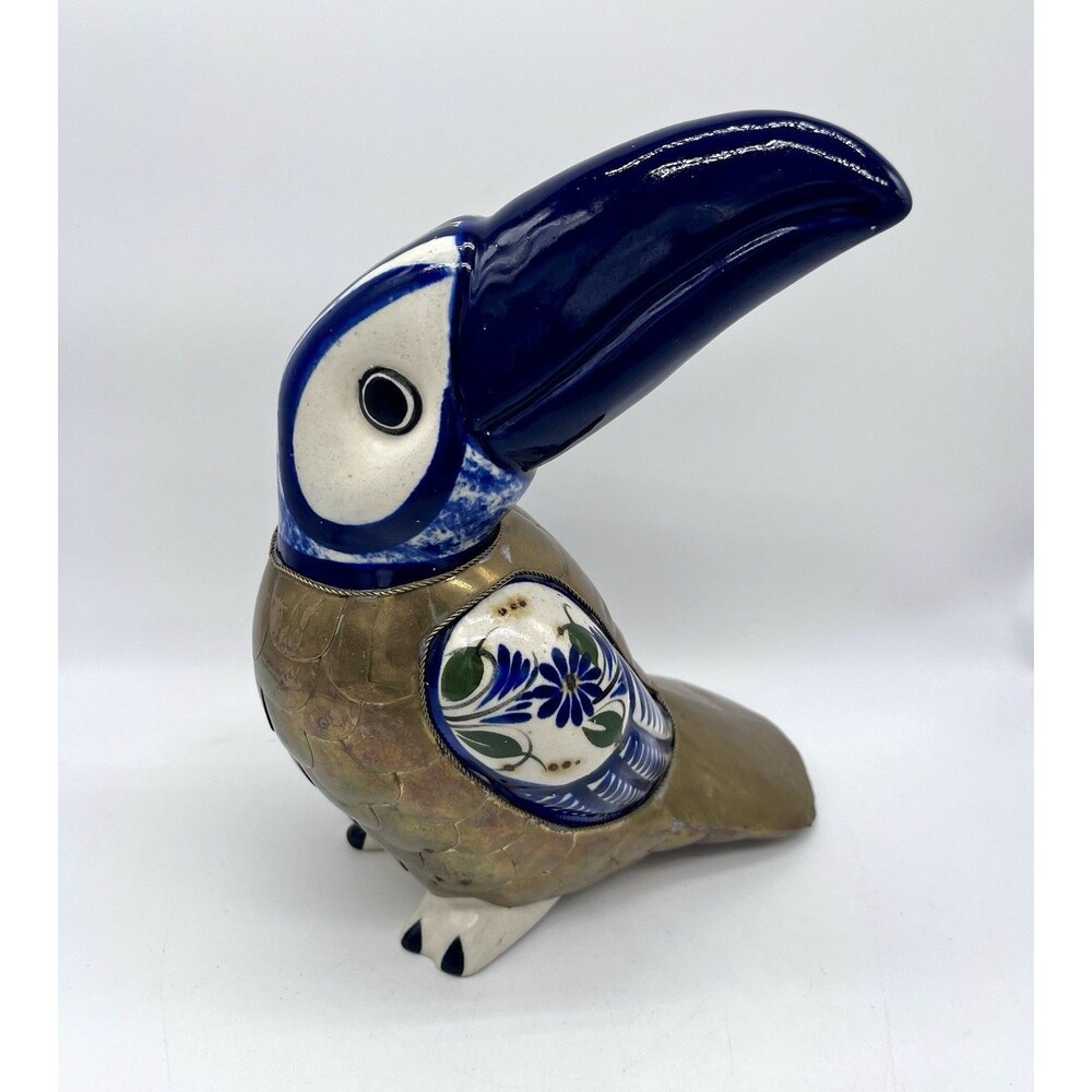 Vintage Handmade Clay Pottery and Brass Tonala Mexico Handpainted Tucan Bird